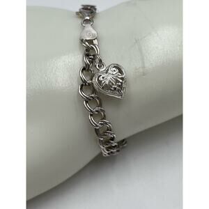 SU Sterling Silver‎ Signed Italy Double Link Charm Bracelet With Heart Charm